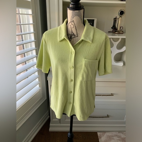REFORMATION Fuji Button up Green Terry Shirt Short Sleeve Patch Pocket SZ Small - Picture 5 of 13